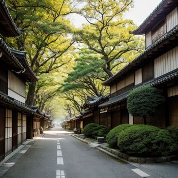 narrow street lined with tall buildings and lots of trees in the middle of the street