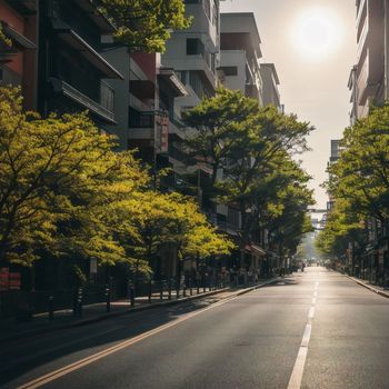 city street with trees lining both sides of the street and buildings on the other side of the street