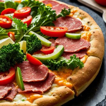 pizza topped with meat and veggies on top of a table