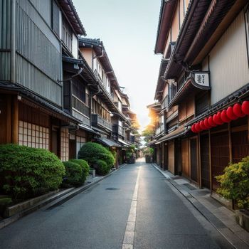 narrow street lined with tall buildings next to a street light with red lanterns on each of it's sides