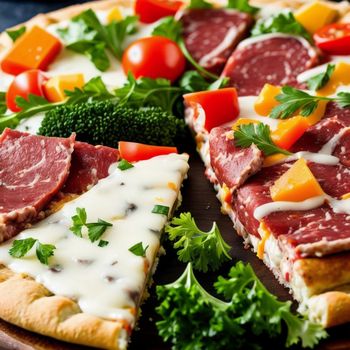 pizza with meat, cheese and vegetables on a wooden cutting board