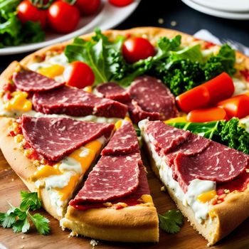 pizza topped with meat and veggies on top of a wooden cutting board