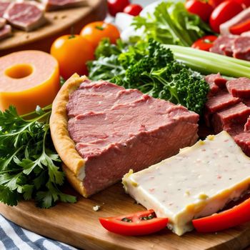 platter of meats, cheeses and vegetables on a table