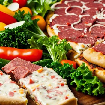 close up of a plate of food with pizza and veggies