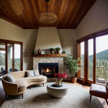 living room with a couch, chair, fireplace and a table