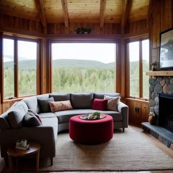 living room with a couch and a fire place with a large window