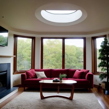 living room with a red couch and a fire place in it