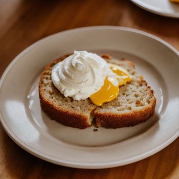 white plate topped with a piece of bread covered in whipped cream