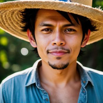 close up of a person wearing a straw hat with trees in the background