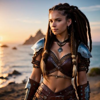 woman with dreadlocks and armor standing on a beach next to the ocean