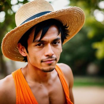 man wearing a straw hat and a tank top posing for a picture