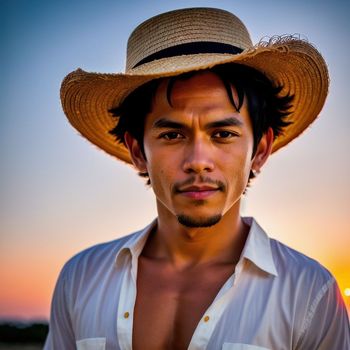 man wearing a straw hat and a white shirt with a sunset in the background