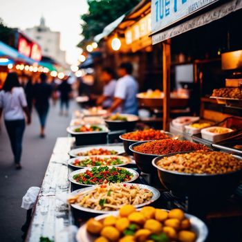 bunch of plates of food that are on a table in the street