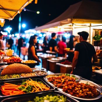 group of people standing around a table filled with lots of food