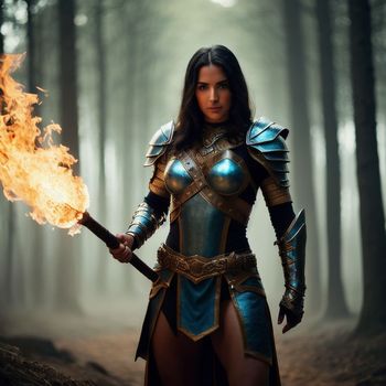 woman dressed in armor holding a fire wand in a forest with trees