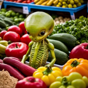 green alien statue surrounded by vegetables in a produce section of a grocery store