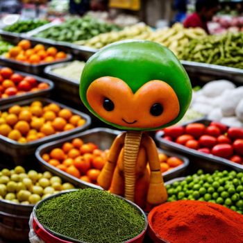 toy is standing in front of a display of fruits and vegetables