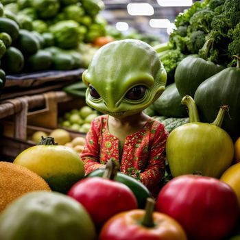 little girl wearing an alien mask surrounded by fruits and vegetables in a grocery store