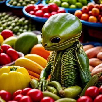 an alien statue surrounded by vegetables in a produce market, including tomatoes, cucumbers, peppers, and tomatoes