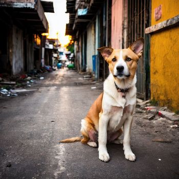 brown and white dog sitting on the side of an alleyway