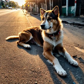 brown and white dog laying on the side of a road next to a building