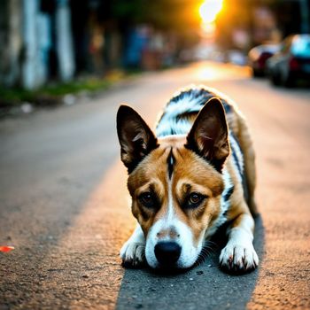 brown and white dog laying on the ground in the middle of a street