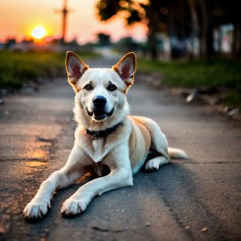 dog laying on the ground with the sun setting in the background