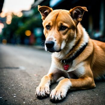 brown and white dog laying down on the ground in the middle of the street