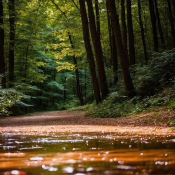 dirt road surrounded by trees and a puddle of water in the middle of the road