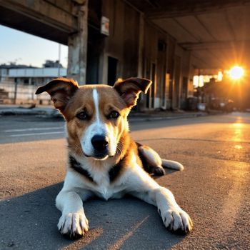 brown and white dog laying on top of a cement road next to a building