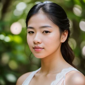 an asian woman in a white dress poses for a picture in front of trees