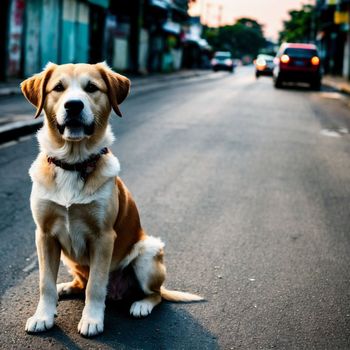 brown and white dog sitting on the side of a road next to a car