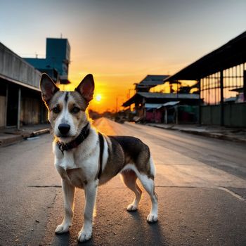 dog standing in the middle of an empty street at sunset with buildings in the background