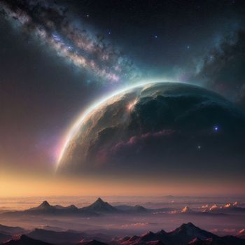 an artist's rendering of a planet in the distance with mountains in the foreground