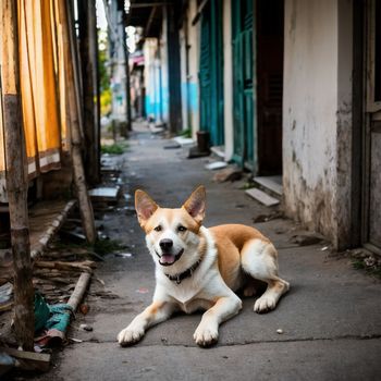 brown and white dog laying on a sidewalk next to a building