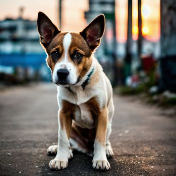 brown and white dog is sitting on the street looking at the camera