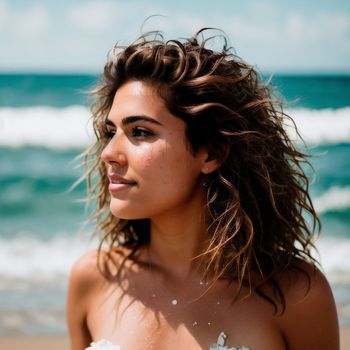 beautiful woman standing on top of a beach next to the ocean