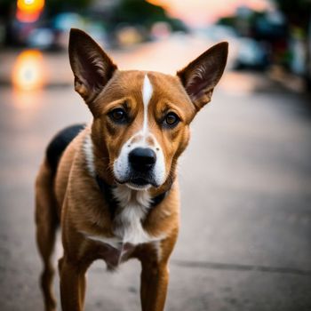 brown and white dog is standing on a city street at night