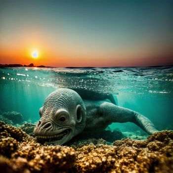 large creature swimming in the ocean at sunset with the sun in the background