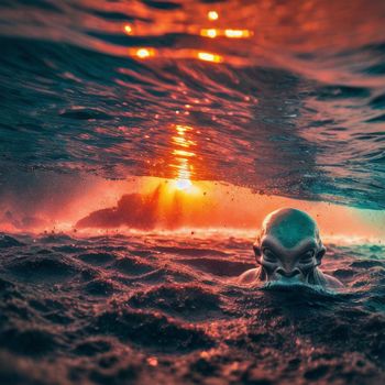 man swimming in the ocean with the sun shining behind him and a ship in the background