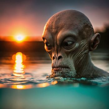 strange looking creature swimming in the water at sunset with the sun in the background