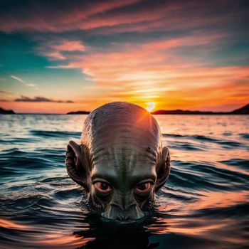 strange looking creature swimming in the ocean at sunset with the sun setting in the background