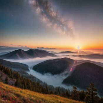 the sun rises over a mountain range with fog in the foreground