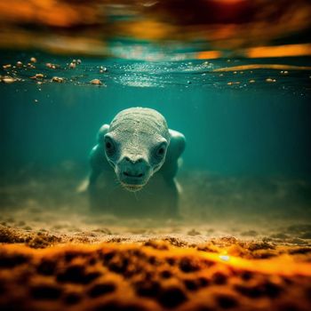 baby seal swimming under water in the ocean, looking at the camera