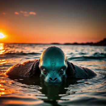 man in the water with a green creature on his head and a sunset in the background