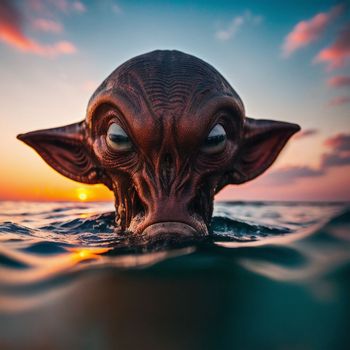 strange looking creature in the water with a sunset in the background