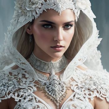 beautiful woman wearing a white wedding dress with a hood over her head