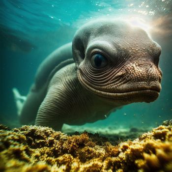 large turtle swimming in the ocean with its head above the water