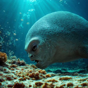 large fish with its mouth open swimming in the ocean under water