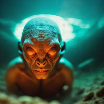 strange looking creature with glowing eyes swimming in the ocean water with sand on the ground